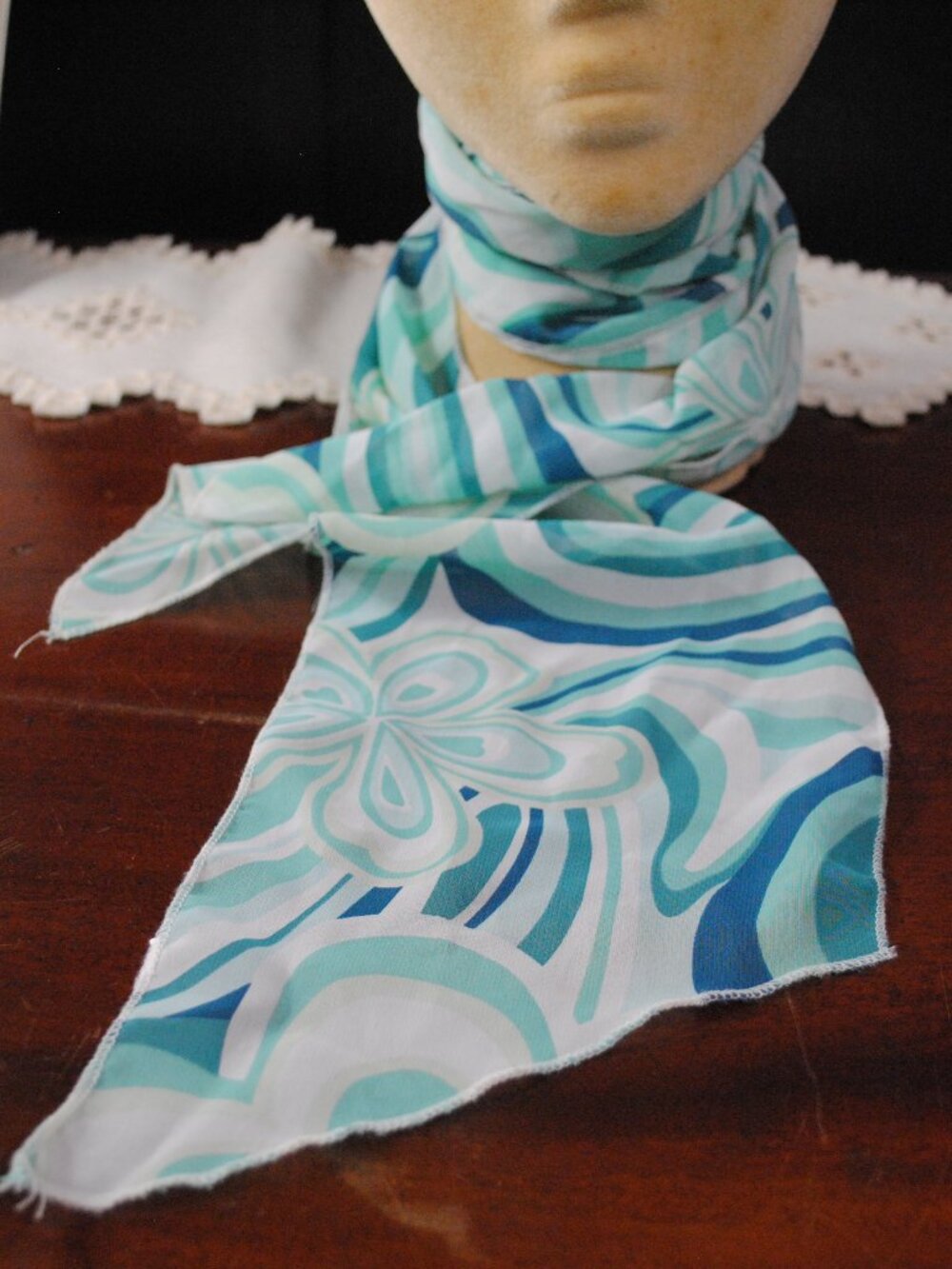 Long Skinny Chiffon Scarf with Blue Tropical Floral Pattern